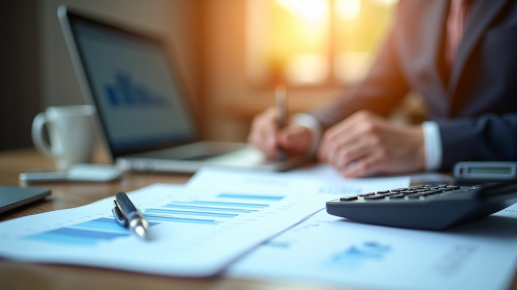 Bureau professionnel avec documents financiers, calculatrice et ordinateur portable montrant des graphiques d'investissement