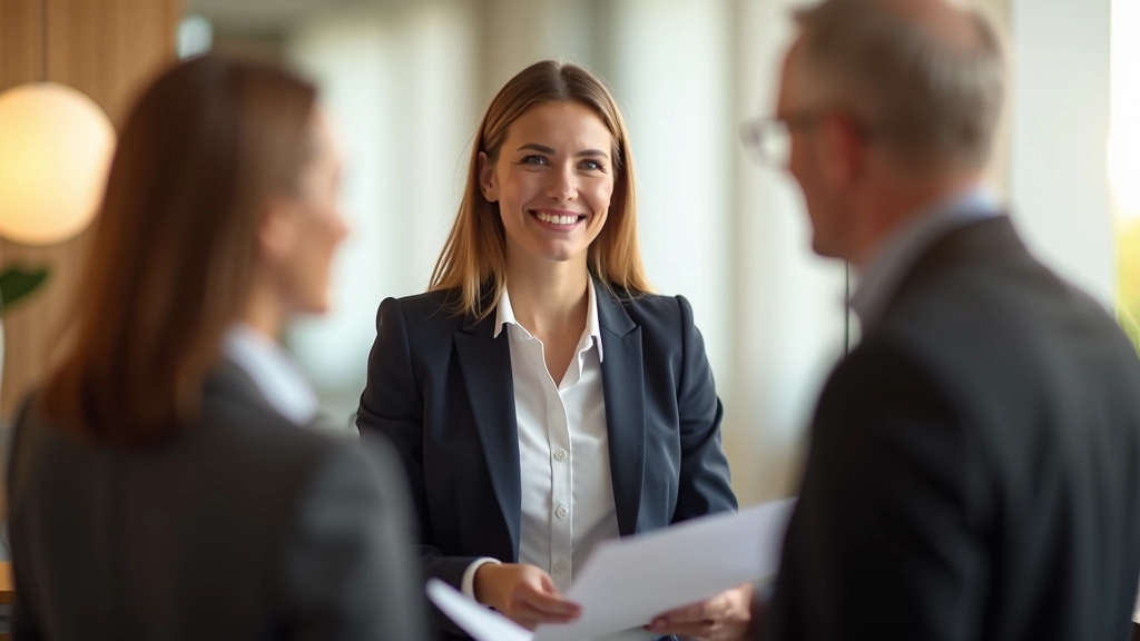Femme consultant financier en réunion montrant des documents d'investissement à un couple dans un bureau lumineux