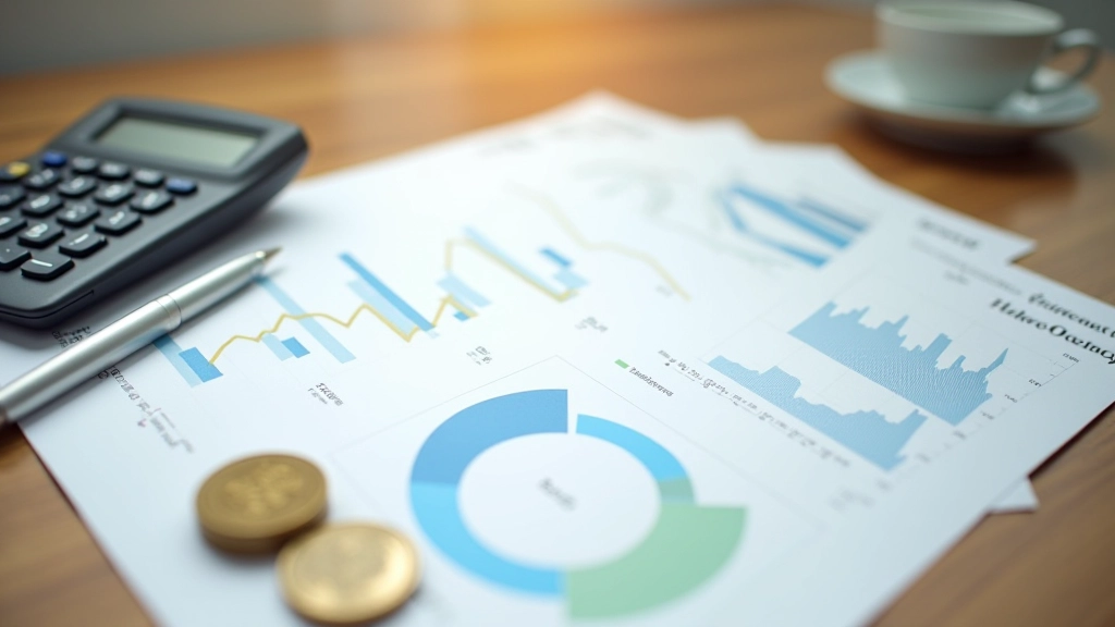 Portefeuille diversifié avec graphiques de croissance, pièces de monnaie, certificats d'investissement et calculatrice sur surface en bois