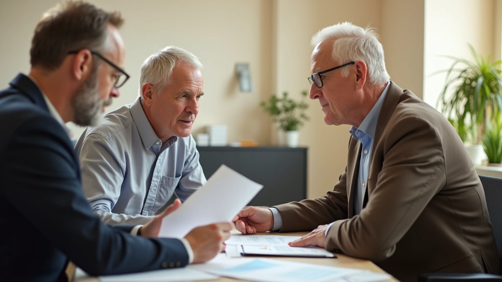 Couple senior examinant un plan de retraite dans un bureau de conseiller avec graphiques de projection