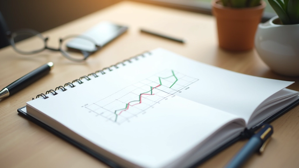 Cahier ouvert avec graphique financier tracé à la main sur un bureau moderne avec stylo et lunettes