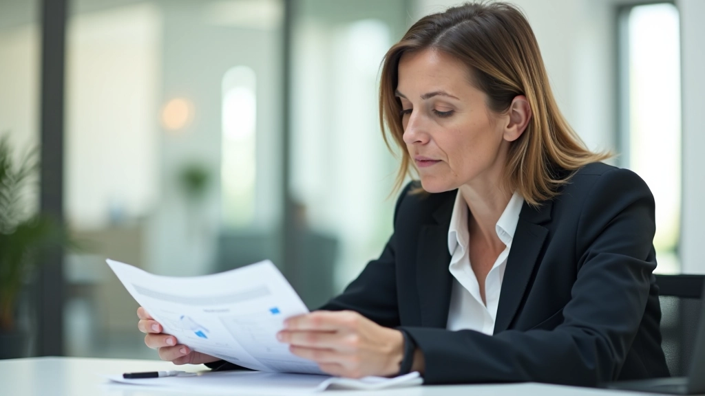 Femme examiner un rapport d'allocation d'actifs montrant l'équilibre entre risque et rendement