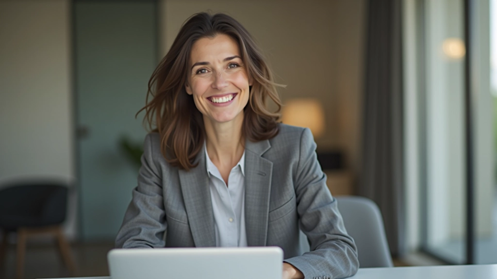 Femme professionnelle âgée de 45 ans en tenue de bureau gris, assise à un bureau avec un ordinateur portable, documents financiers et un sourire confiant, lumière naturelle douce